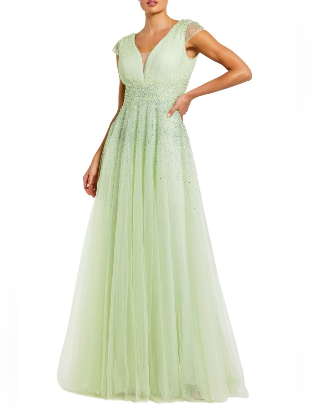 Mac duggal 37018 Embellished Tullle Cap Sleeve V Neck Evening Gown $698